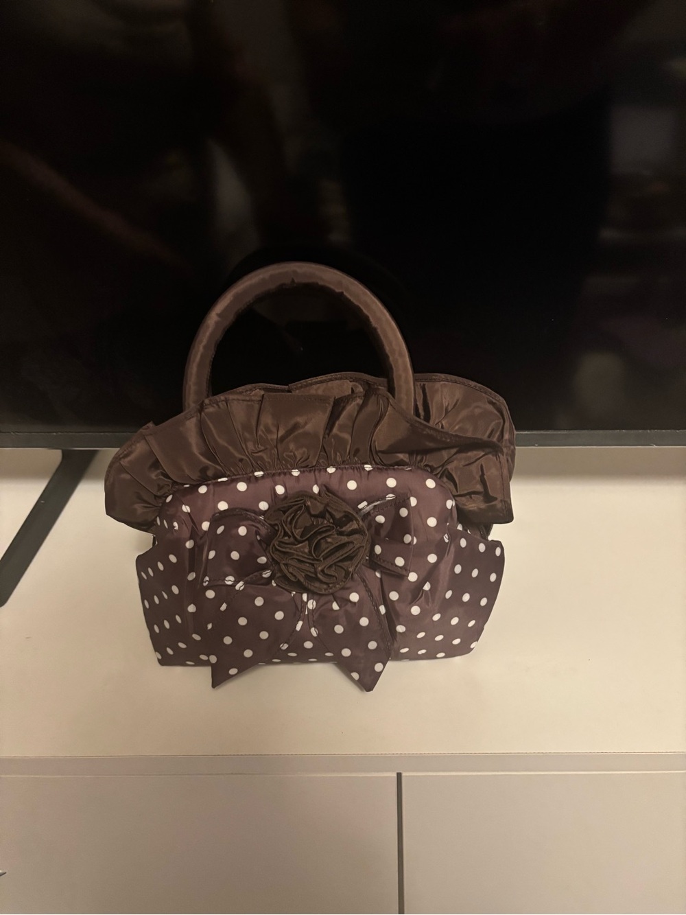 Women’s Polka Dot Brown Handbag with Floral Accent
